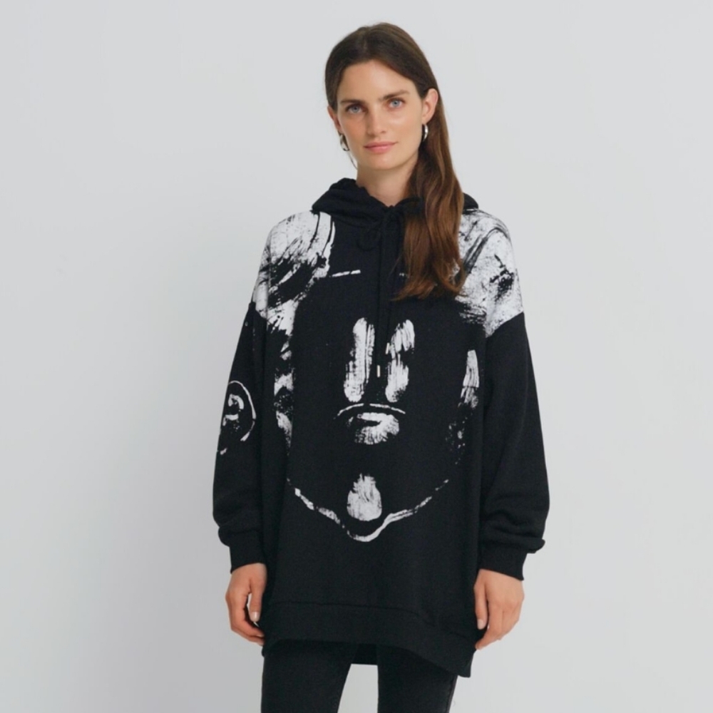 Desigual Womens Oversize cotton hooded sweatshirt Worn illustration Mickey Mouse
